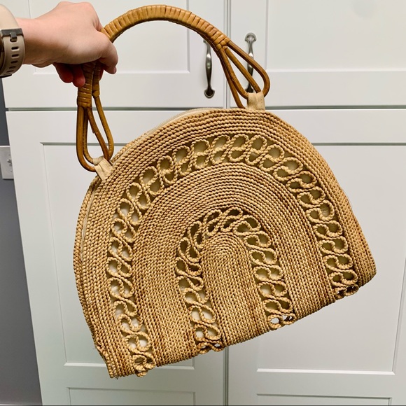 Vintage Woven Straw Half Moon Rattan Whicker Purse Clutch boho aesthetic modern - Picture 2 of 10